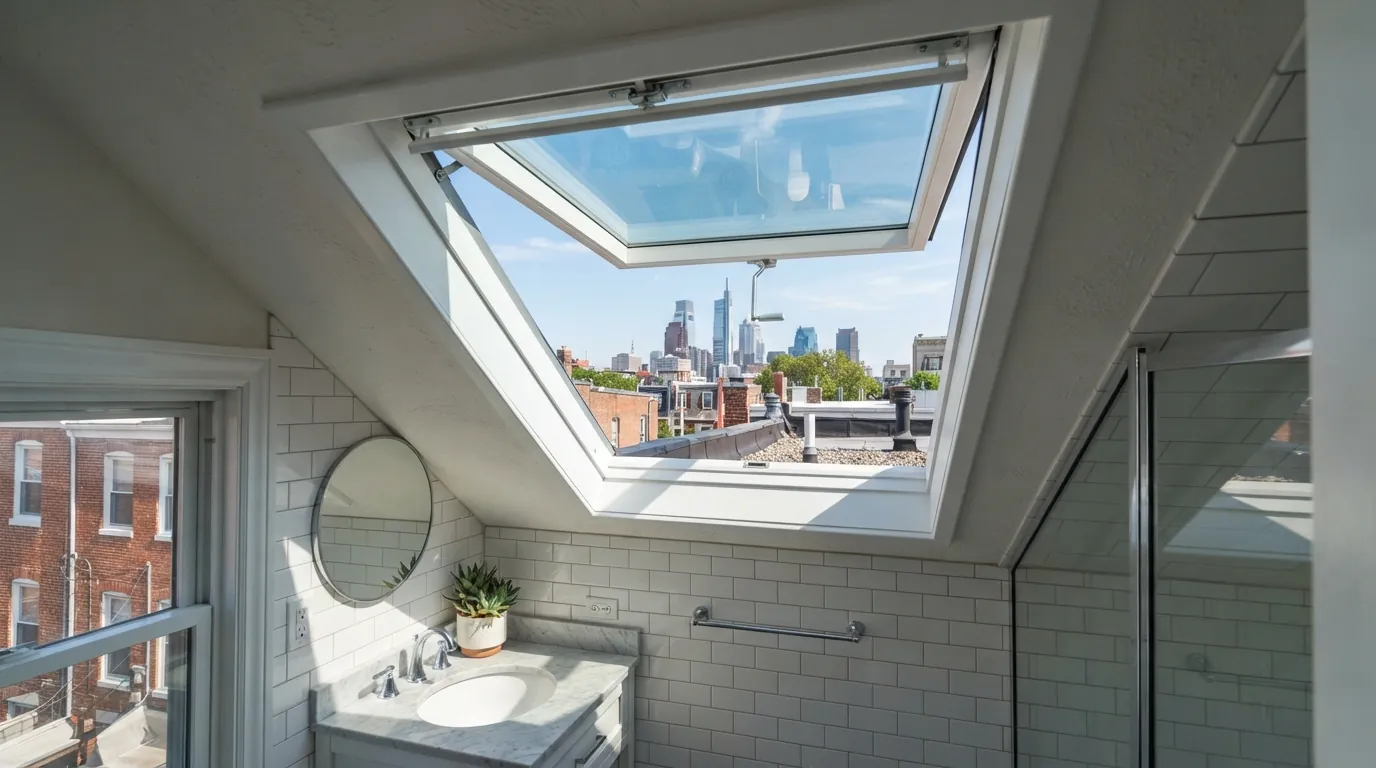 Vented skylight open over a top-floor bathroom