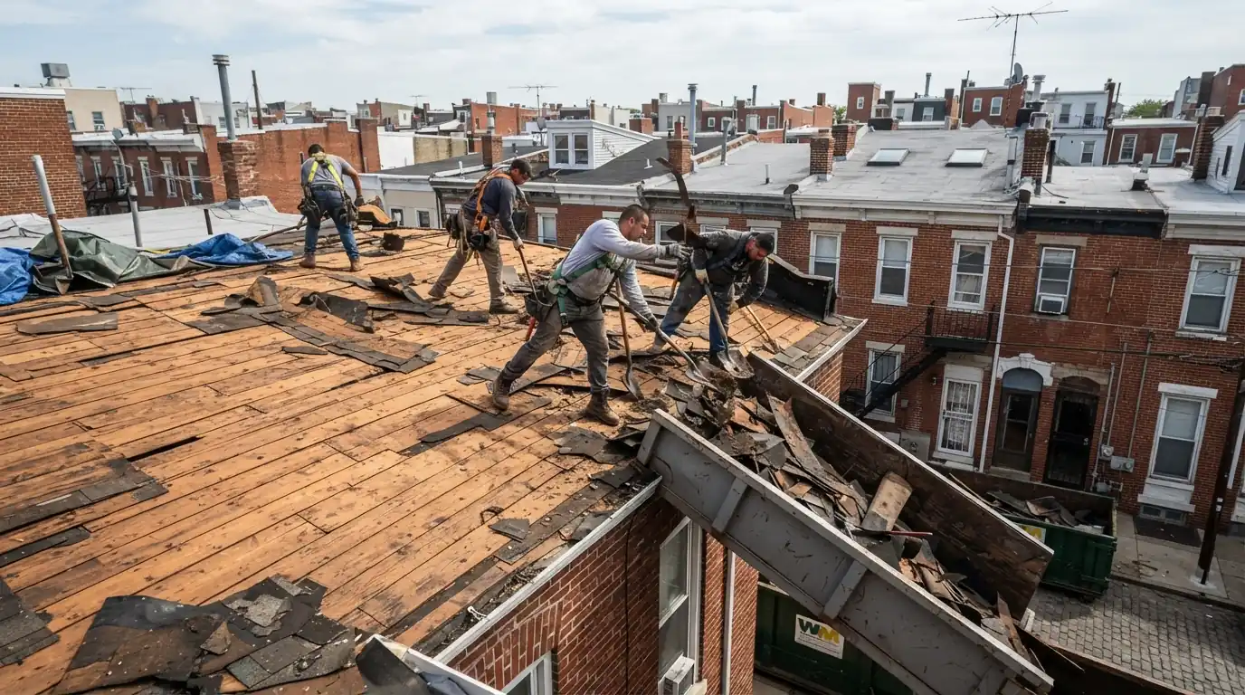 Crew tearing old layered roofing off a Philadelphia rowhome down to the deck