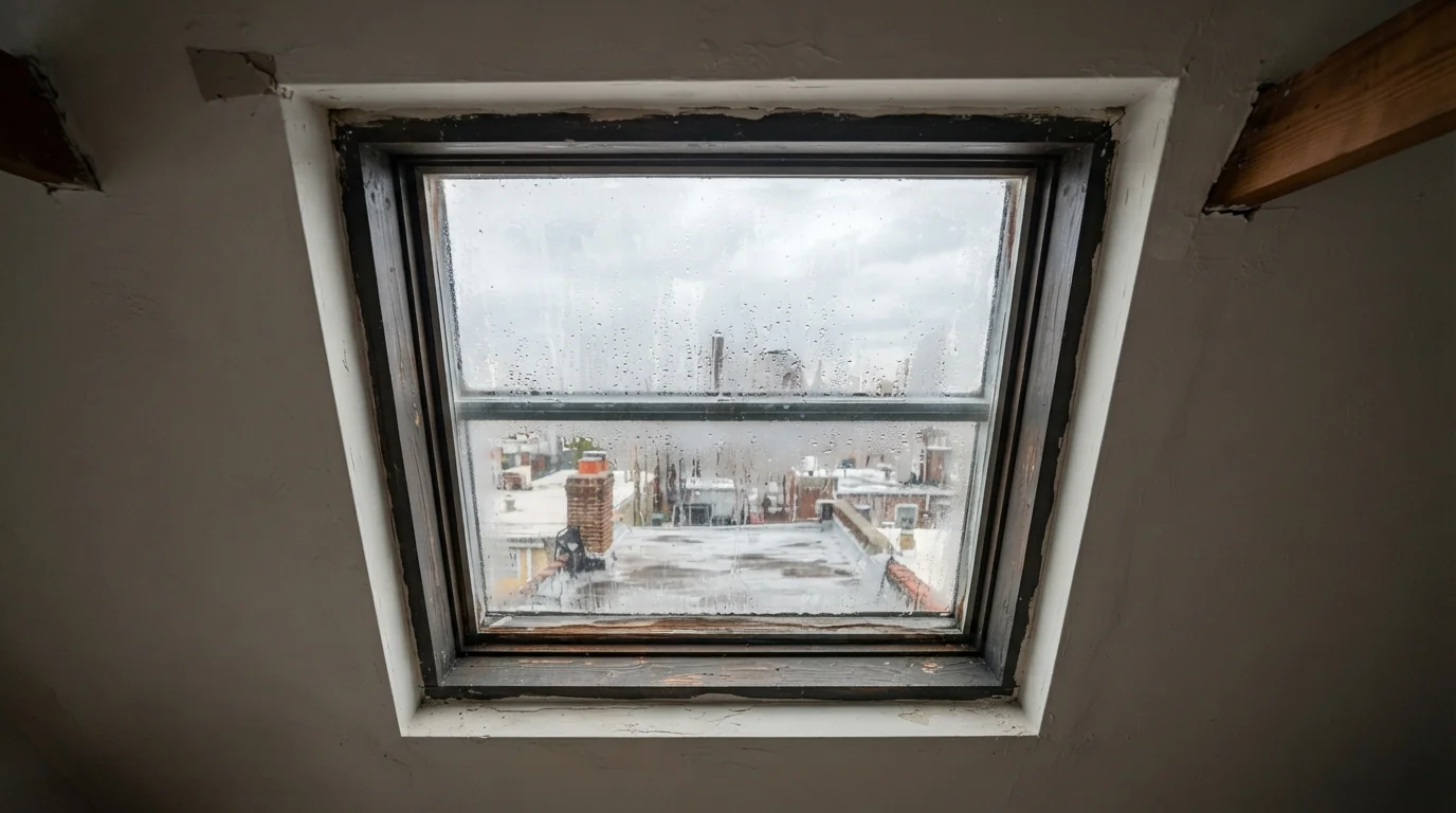 Fogged skylight glass with moisture trapped between the panes
