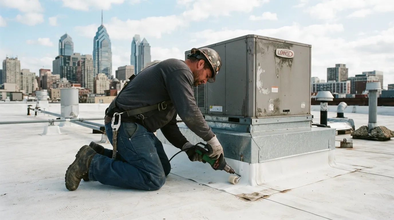 Roofer flashing the curb of a rooftop unit