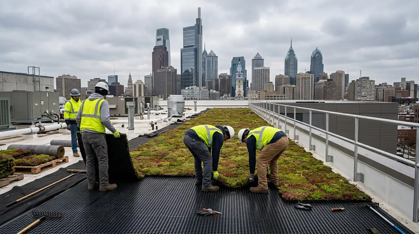 Sedum mats being laid on a flat commercial roof