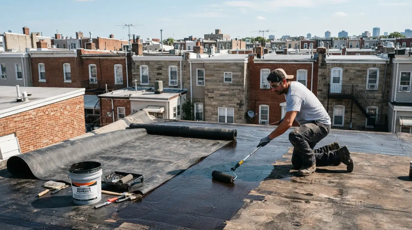 Roofer applying bonding adhesive before laying an EPDM sheet