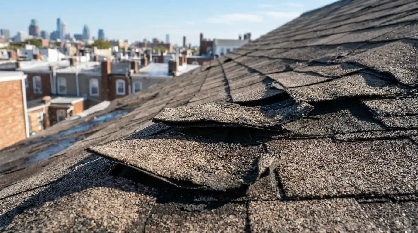 Curling and cupped asphalt shingles on a sunny roof slope