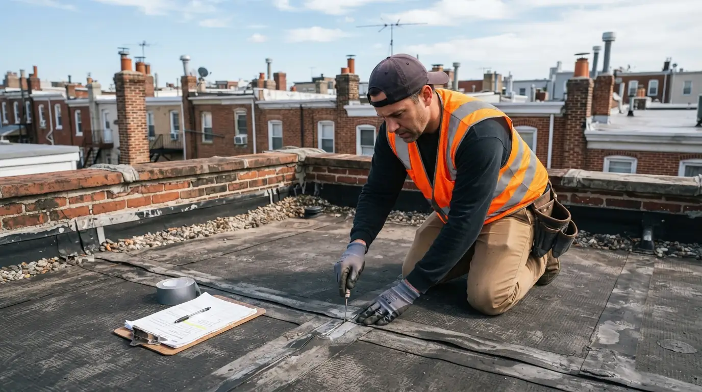 Roofer probing a flat roof seam during an inspection