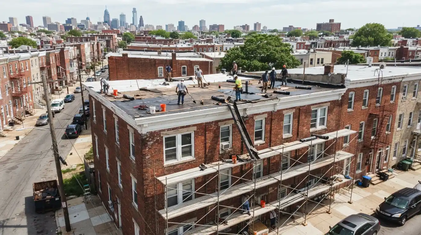 Crew replacing the flat roof of a three-story brick apartment building