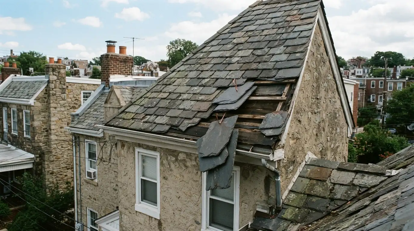 Slipped slates hanging out of line on an old roof
