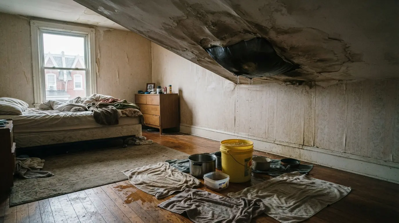 Buckets catching water under a dripping ceiling in a rowhome bedroom