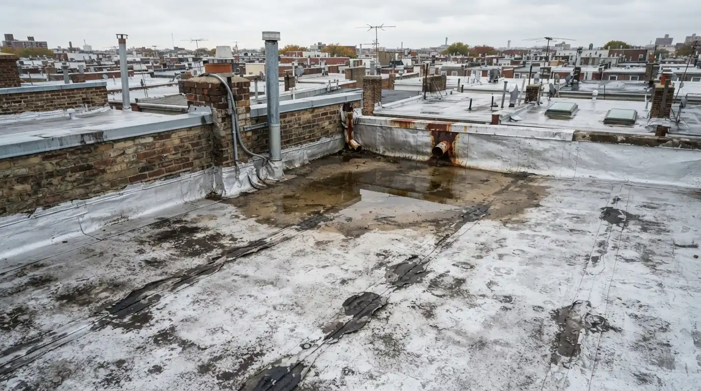 Worn, patched flat roof on a Philadelphia rowhome before replacement