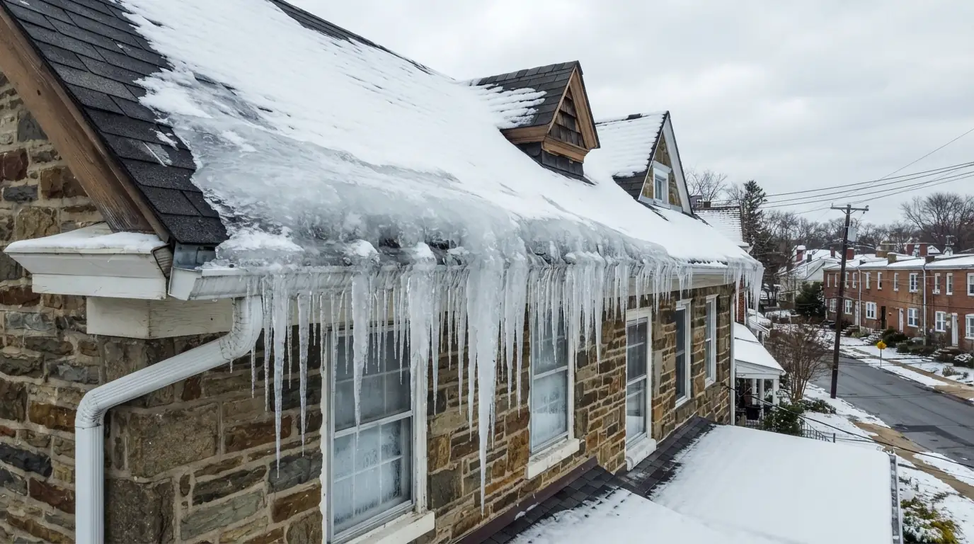 Thick ice dam and icicles along a roof eave