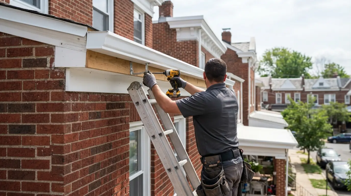 Installer fastening hidden hangers in a new K-style gutter
