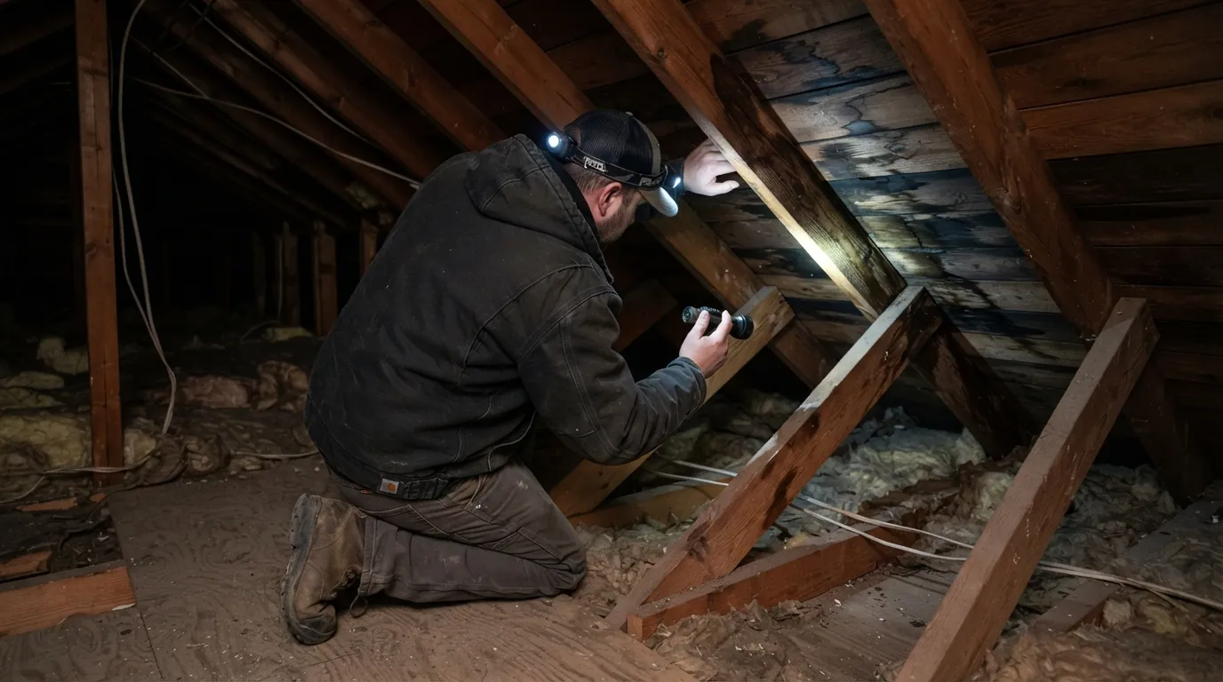 Roofer checking attic decking for stains with a flashlight