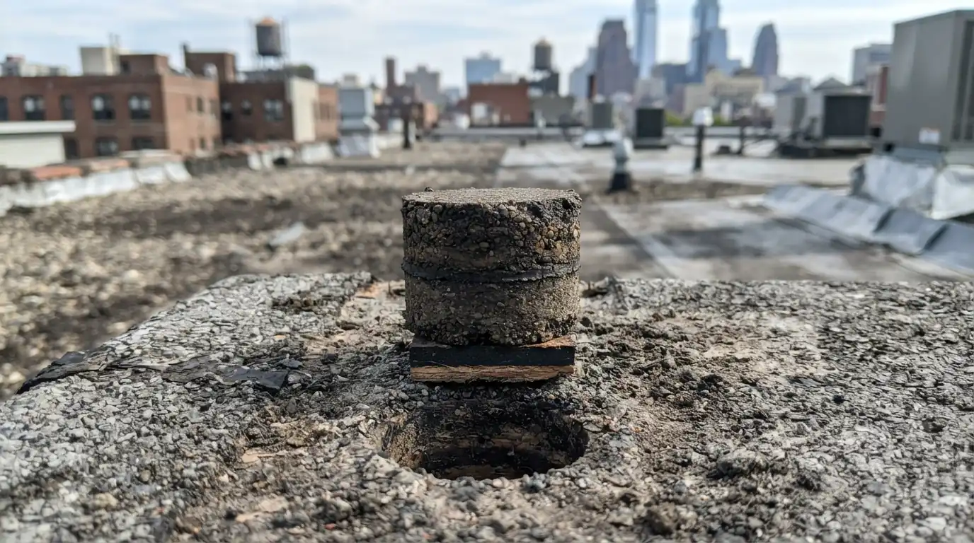 Core sample showing two layers of old roofing