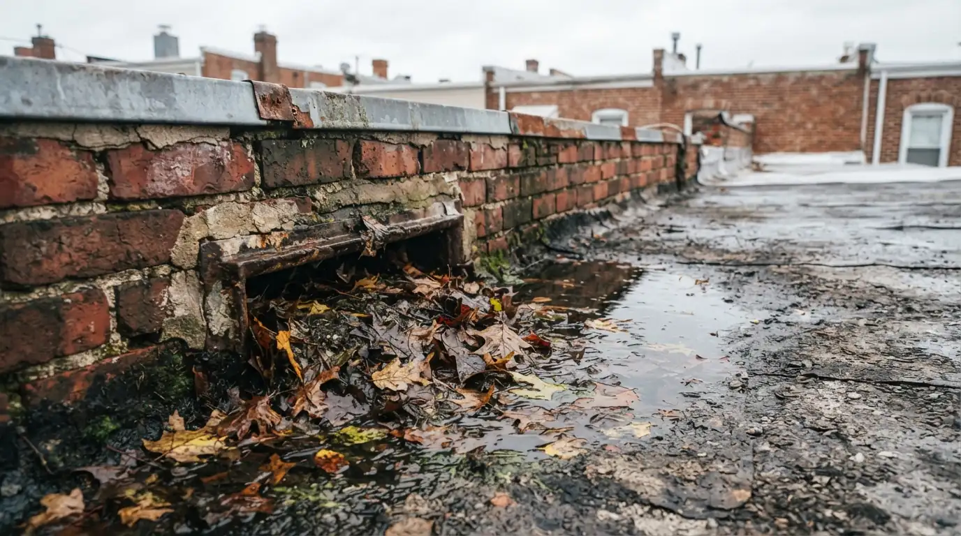 Clogged scupper and ponding water on a Philadelphia rowhome flat roof
