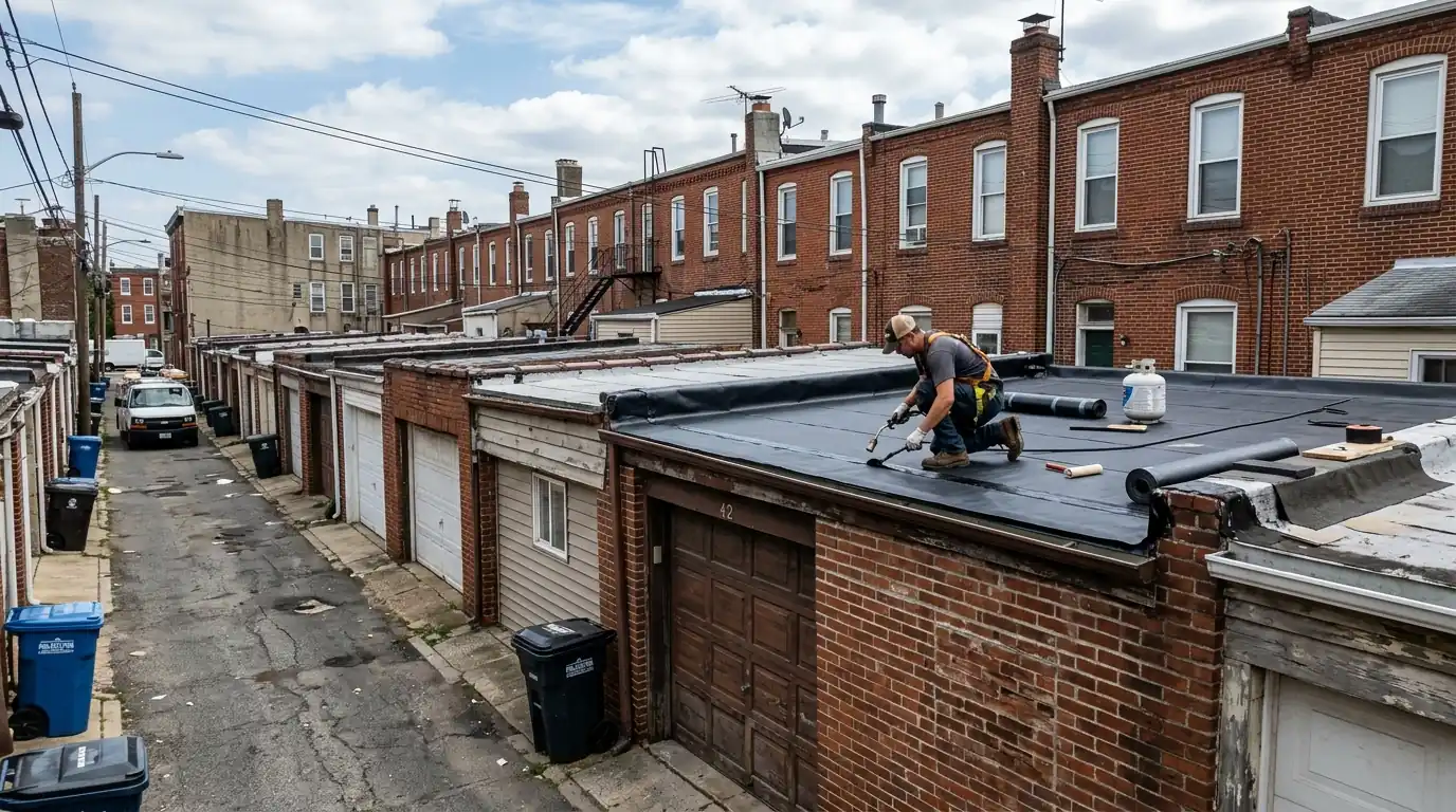 Rear rowhome garages along an alley, one getting a new roof