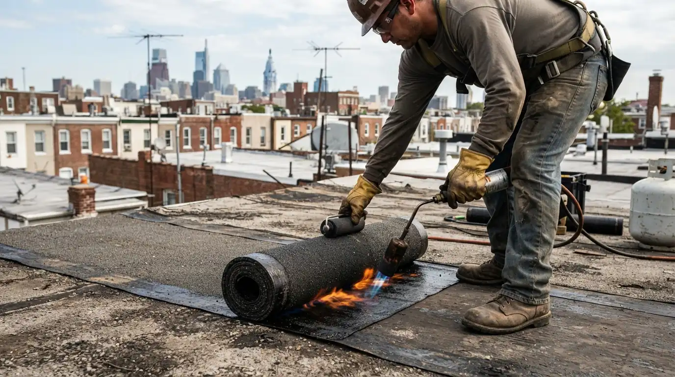 Roofer torching a modified bitumen roll onto a flat roof