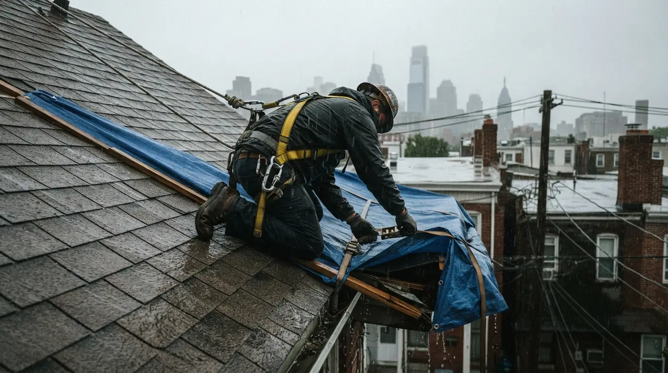 Roofer strapping down a tarp edge in the rain