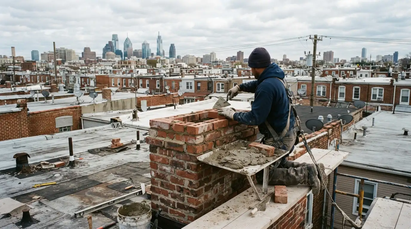 Mason rebuilding the top of a chimney above a rowhome roof