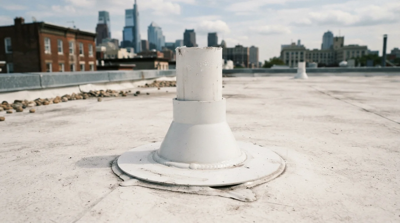 White TPO pipe boot welded around a vent pipe