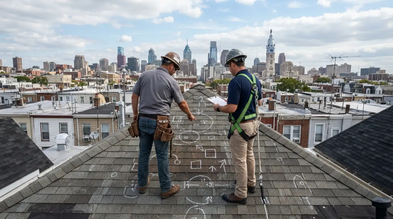 Roofer and adjuster reviewing marked damage on a roof