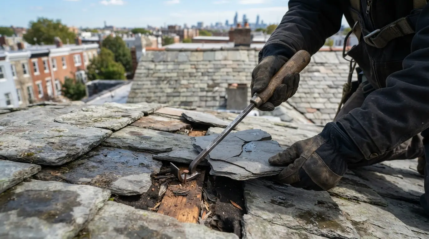 Roofer using a slate ripper to remove a broken slate