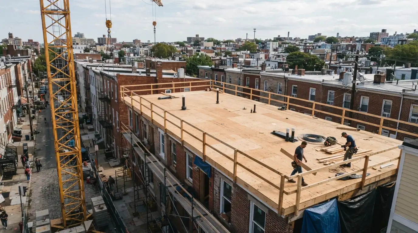 New roof deck on an infill rowhome under construction
